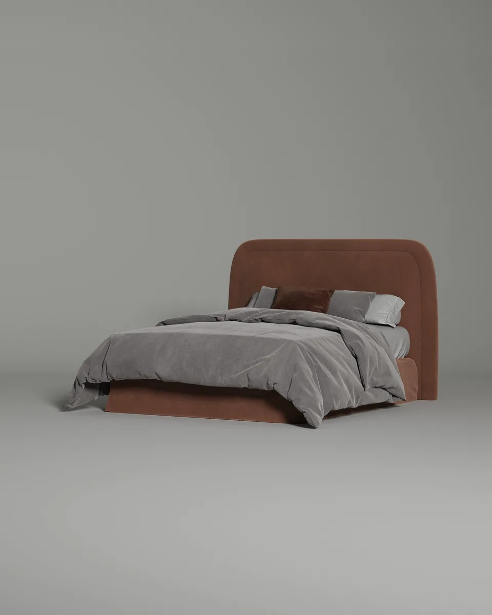 Двуспальная кровать Элора 160x200 с мягким изголовьем (велюр терракотового цвета) Кровать двуспальная Элора с мягким изголовьем (велюр терракотового цвета)