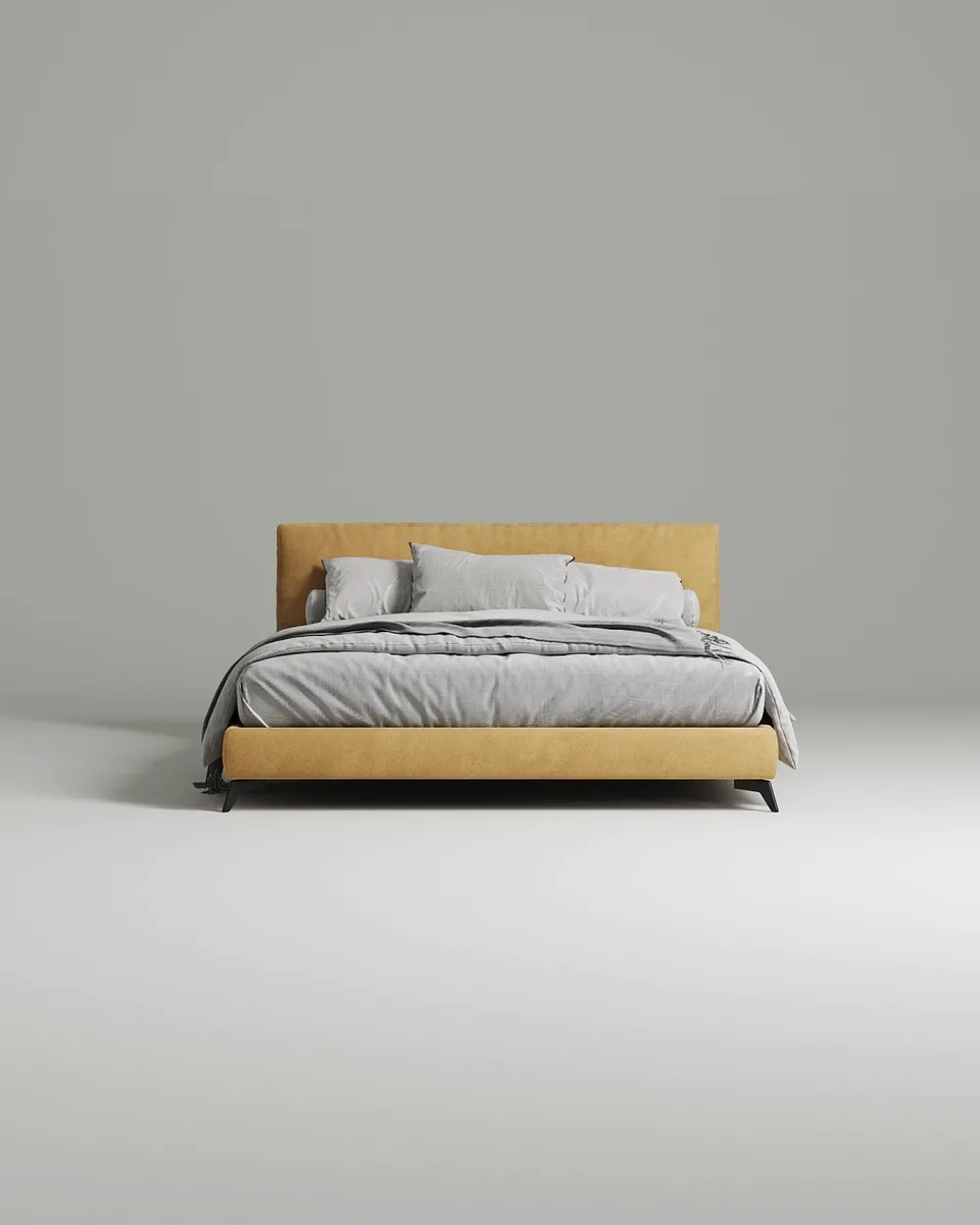 Двуспальная кровать Моген 160x200 с мягким изголовьем (велюр горчичного цвета) Кровать двуспальная Моген с мягким изголовьем (велюр горчичного цвета)