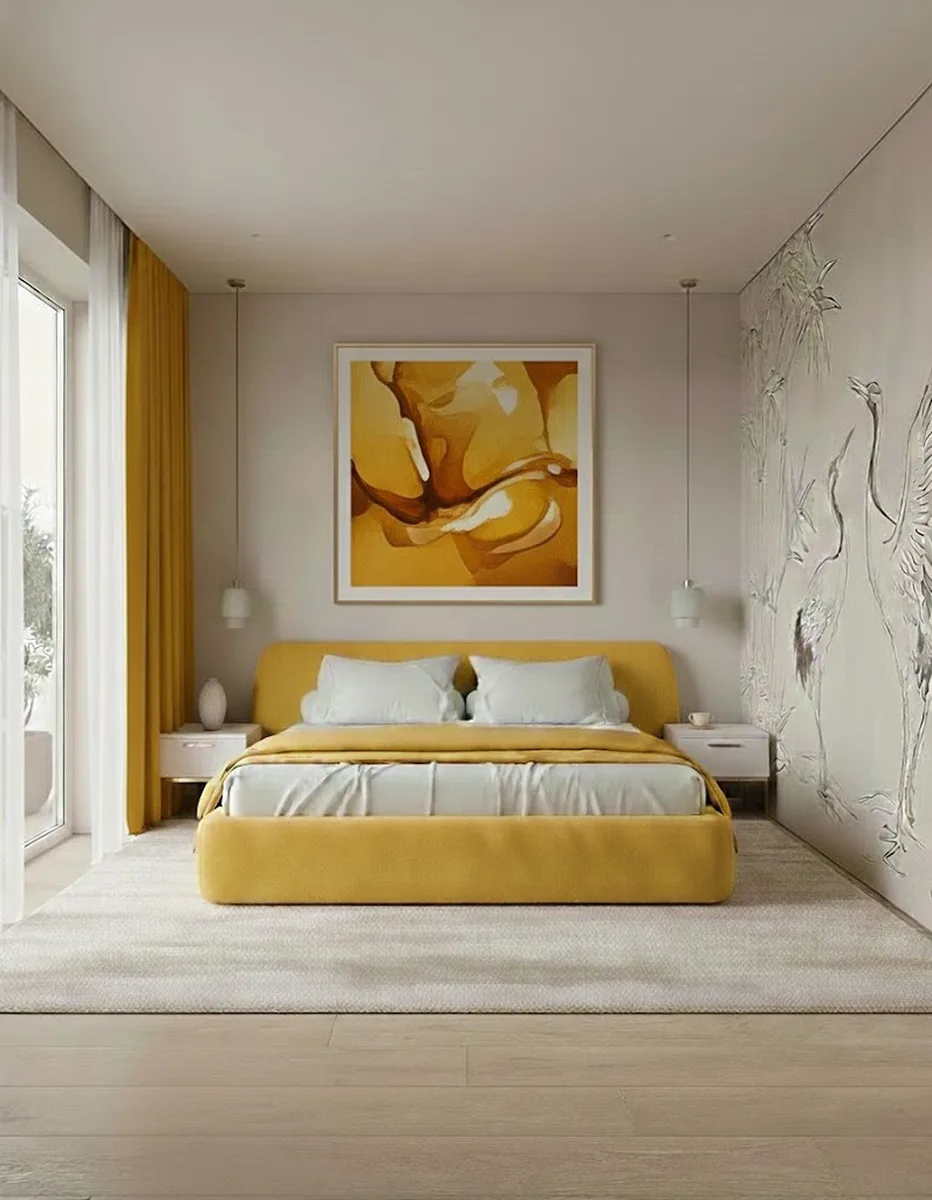 Двуспальная кровать Эндре 200x200 с мягким изголовьем (желтый велюр) Кровать двуспальная Эндре с мягким изголовьем (желтый велюр)