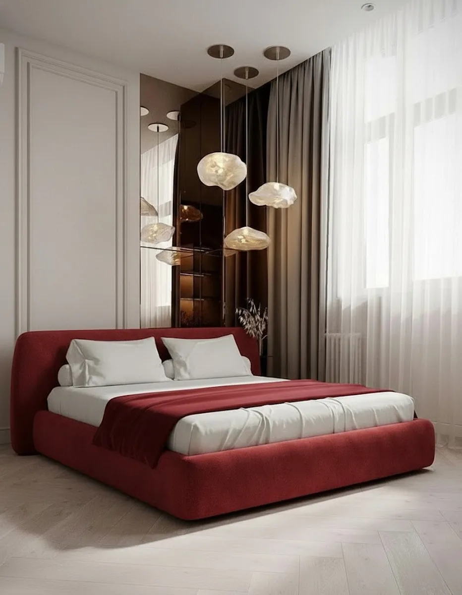 Двуспальная кровать Эндре 160x200 с мягким изголовьем (красный микровельвет) Кровать двуспальная Эндре с мягким изголовьем (красный микровельвет)