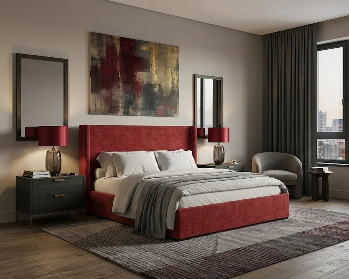 Комфортная кровать двуспальная Трина. Матрас: 180x200. Материал: микровельвет. Цвет: бордо Комфортная двуспальная кровать Трина. Материал: микровельвет. Цвет: бордо
