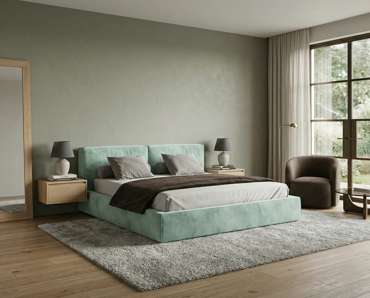Двуспальная кровать Борген 160x200 с мягким изголовьем (искусственная замша мятного цвета) Кровать двуспальная Борген с мягким изголовьем (искусственная замша мятного цвета)