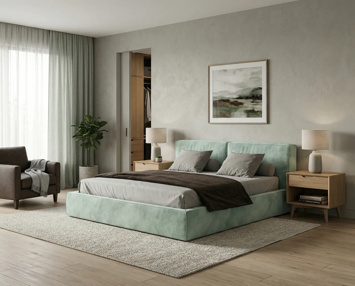 Кровать мятного цвета двуспальная Борген 160x200, выполненная в современном стиле Кровать мятного цвета двуспальная Борген, исполненная в современном стиле