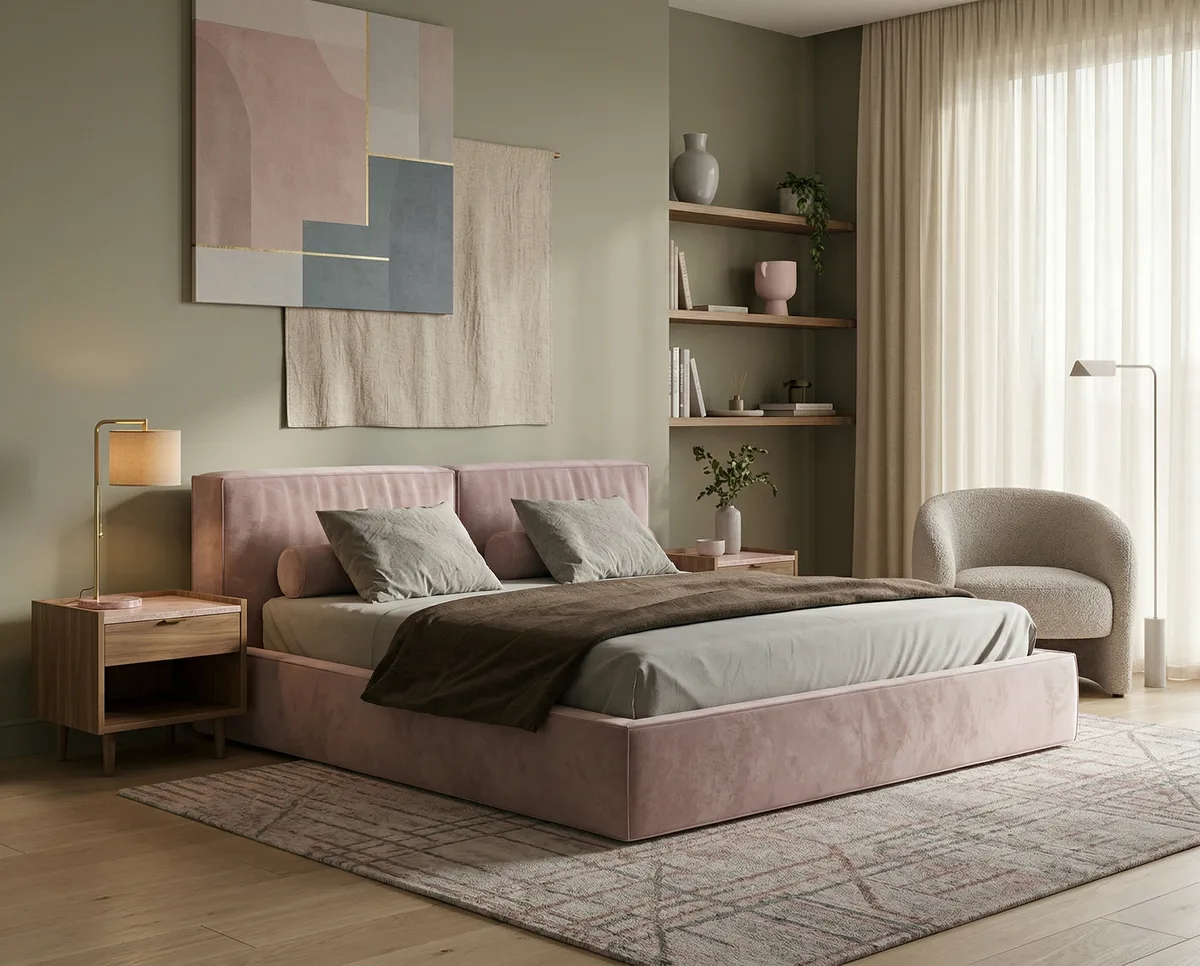 Двуспальная кровать Борген 160x200 с мягким изголовьем (розовый велюр) Кровать двуспальная Борген с мягким изголовьем (розовый велюр)